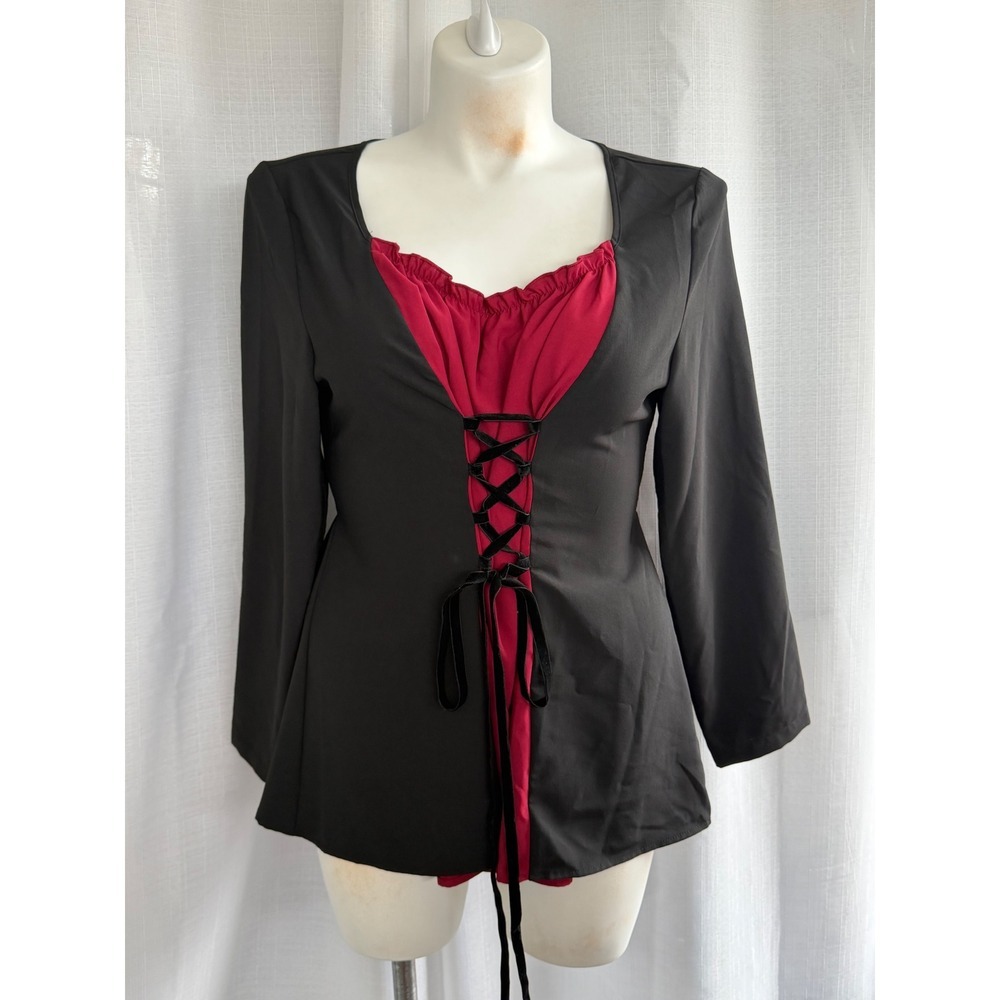 Bloomchic‎ Gothic Lace Up Top Women's Size 14/16 Black Red Ren Faire Whimsygoth